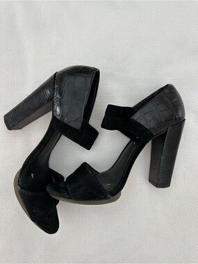 BCBGMaxAzria Black Suede & Croc-Embossed Block Heel Sandals
